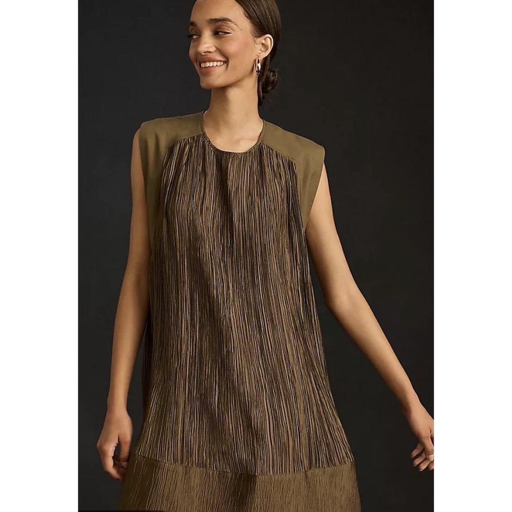 Anthropologie Cap-Sleeve Plisse Mini Dress Pleated Green Small Oversized